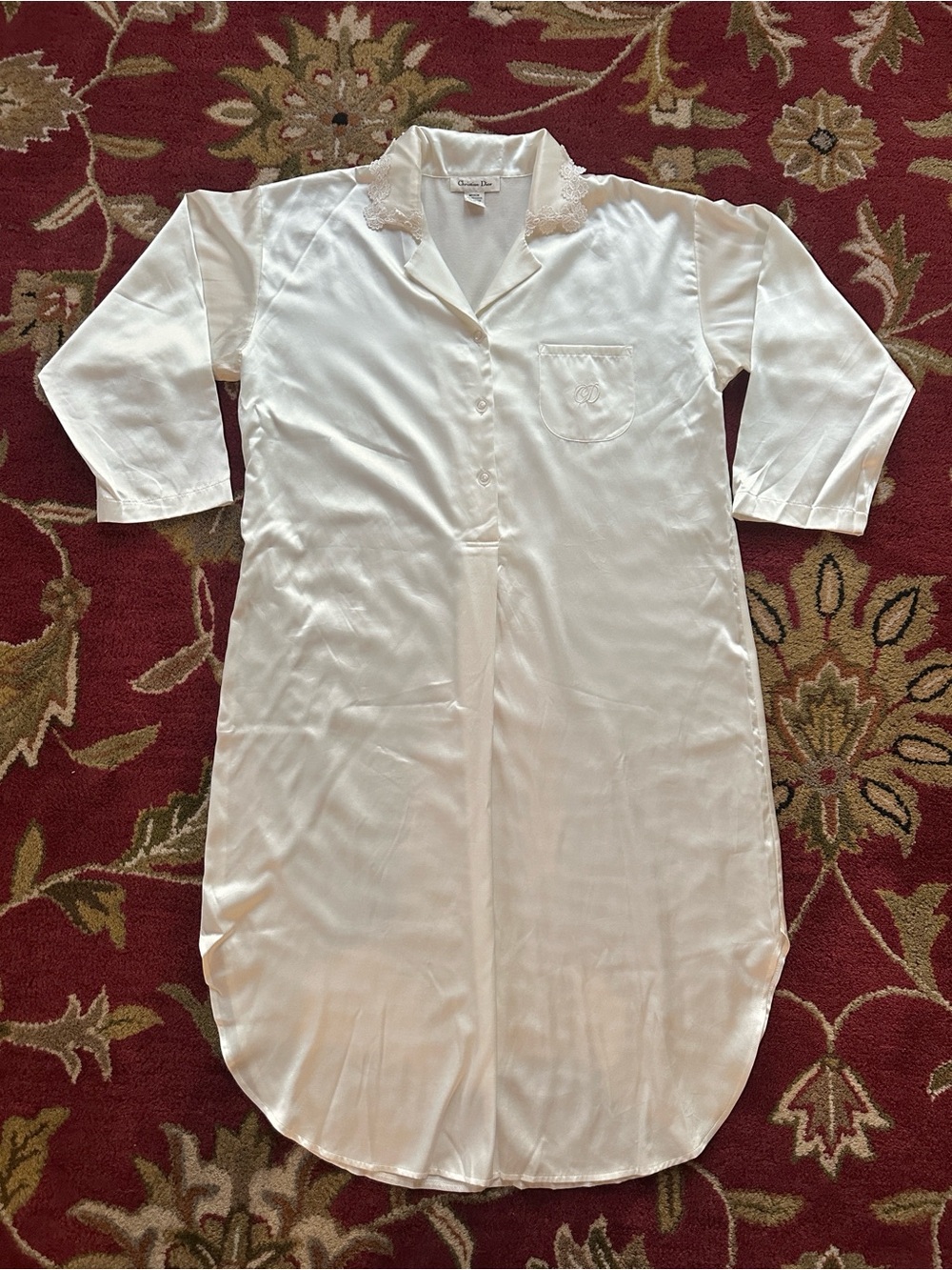 Christian Dior Ivory Satin pullover lace collared nightshirt nightgown Medium